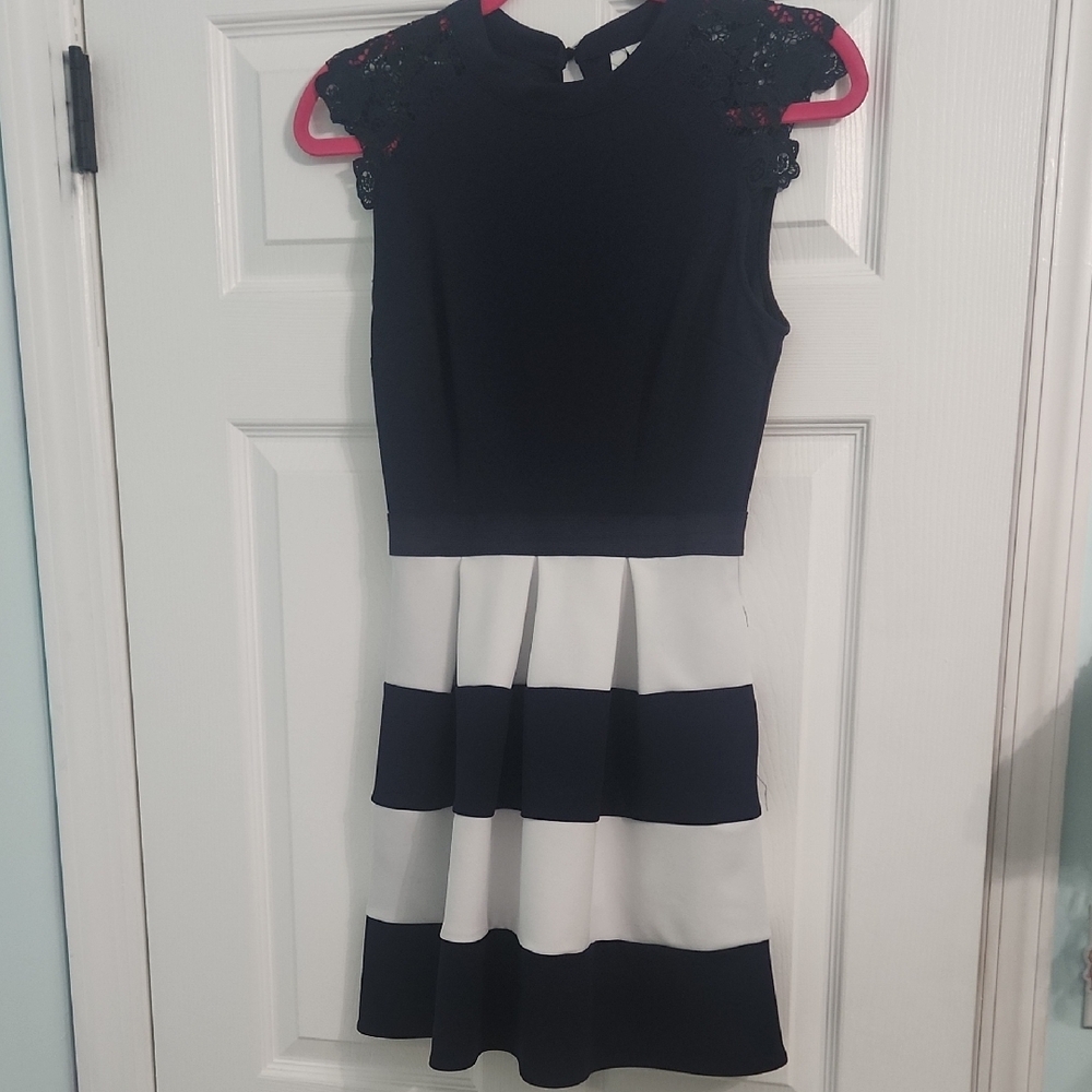 Navy Blue and White Striped Dress with Lace Shoulders